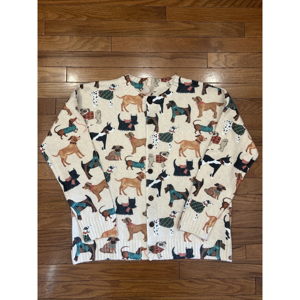 Vintage Dog Print Cardigan Sweater XL Cream Novelty Christmas Holiday